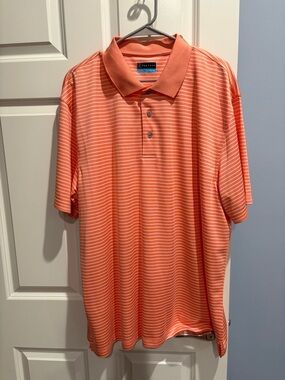 PGA Tour Coral and White Striped Polo Shirt